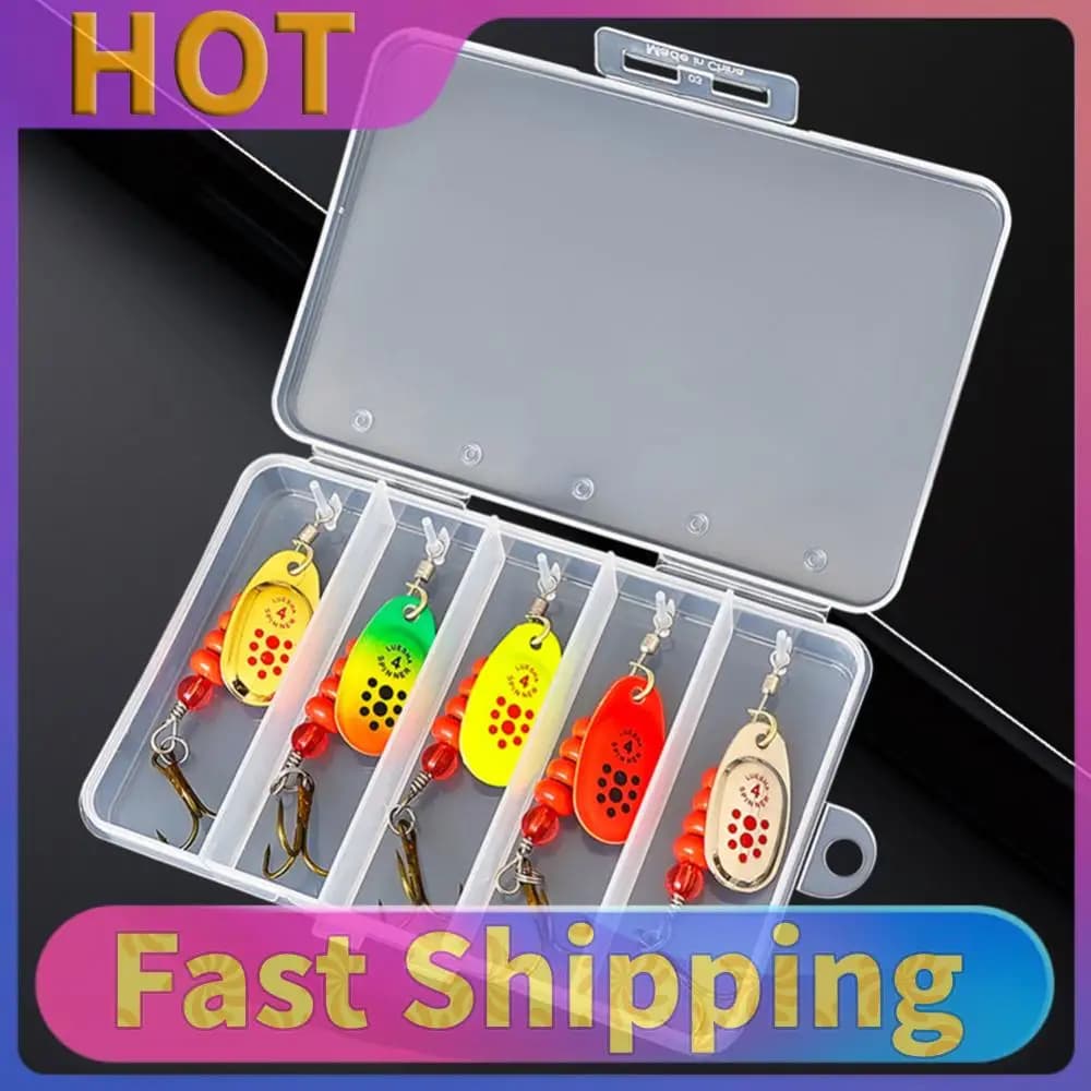 Set of 5 Rotating Metallic baits with Toolbox, Dure Fishing baits of Lucci, Seafood and Fish