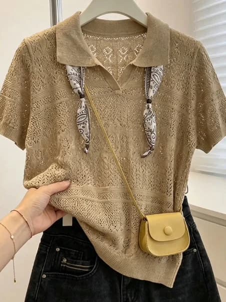 Ladies Knitted Short Sleeve Neck T-Shirt Summer New Style Big Size Fat MM Silk Scarf Top Korean Style Commute Wind