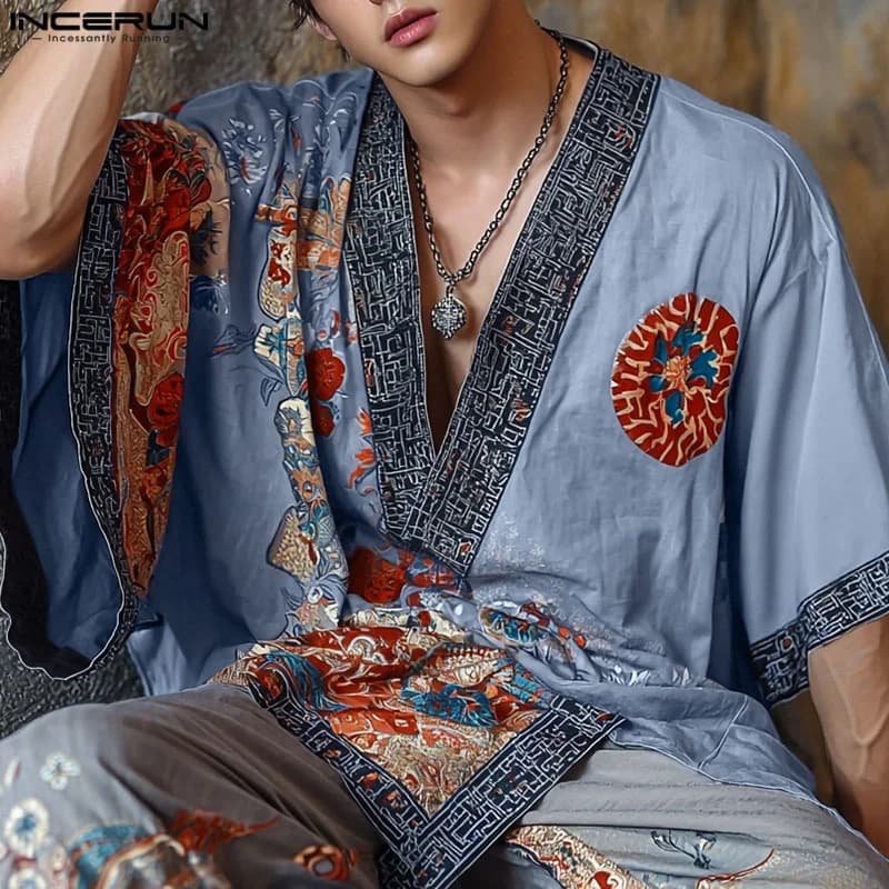Maglietta da uomo stile etnico stampa patchwork scollo a V manica corta maglietta maschile top streetwear estate 2025 abbigliamento uomo S-5XL INCERUN