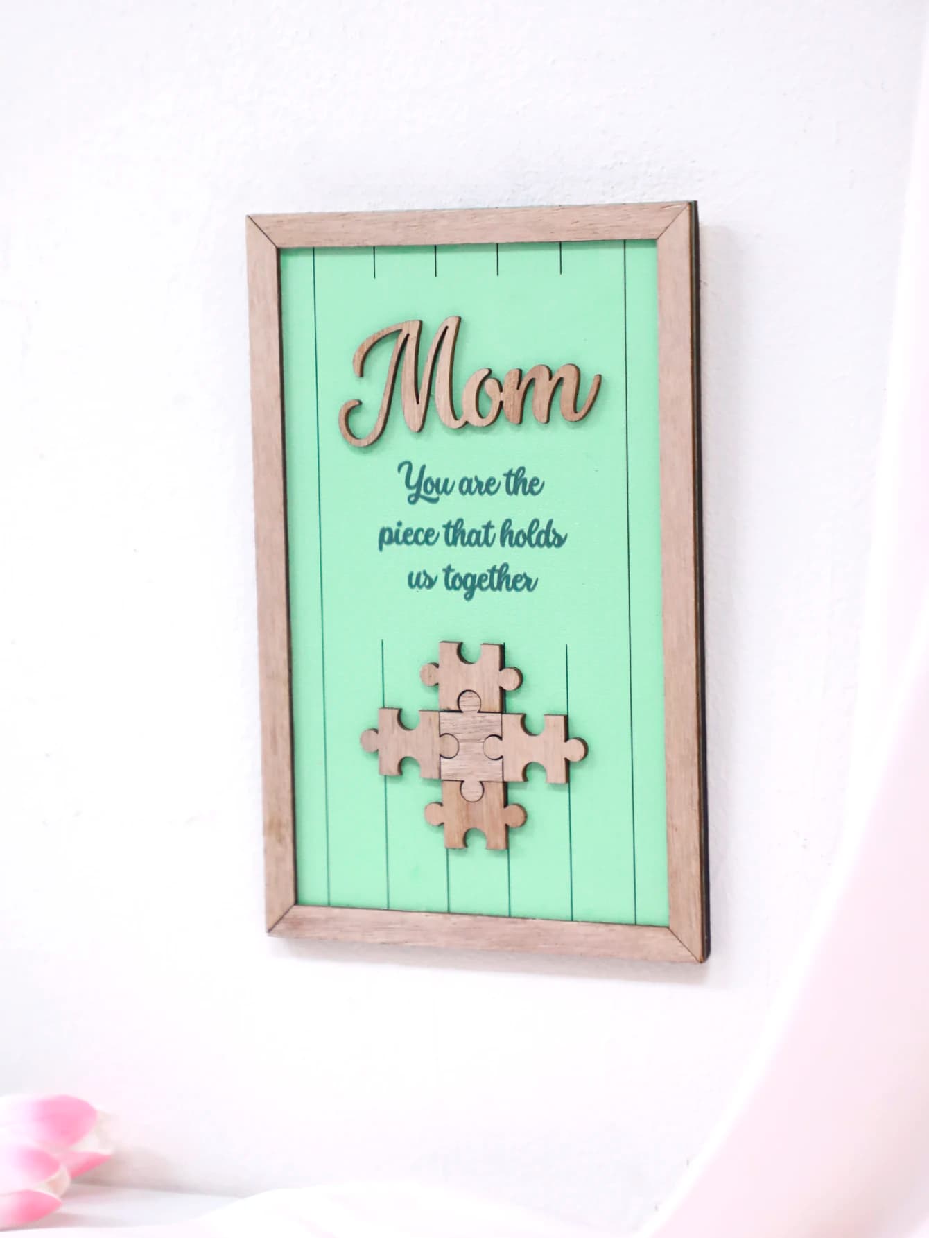 Cornice puzzle'mamma' in legno, ornamenti pendenti da parete verdi, decorazioni per la casa con placca, cornice per foto con decorazione Boho, regali per la festa della mamma