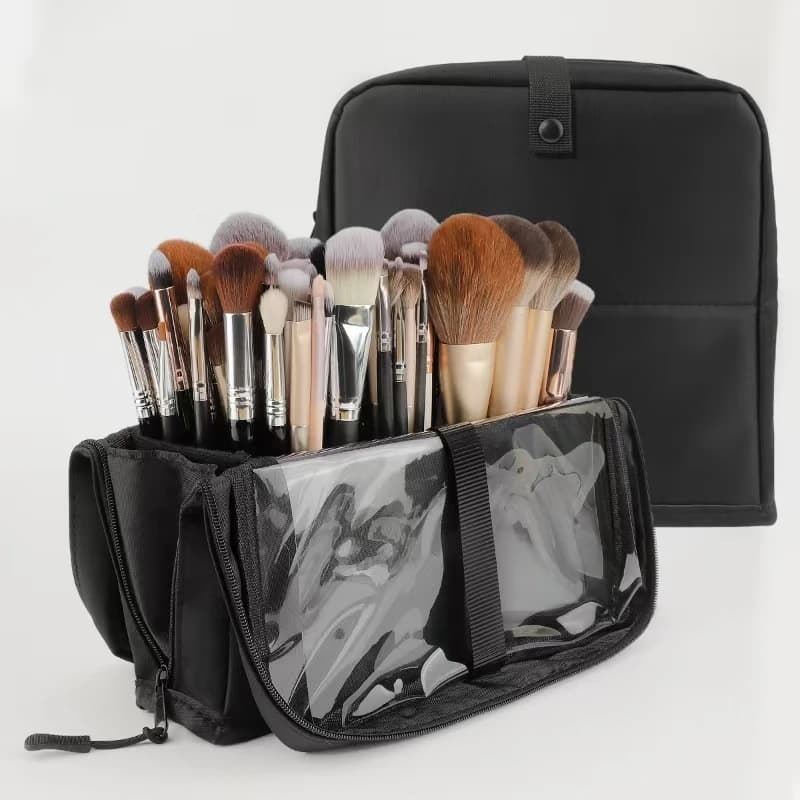 Large black folding makeup bag 14-40 holes storage organizer for beauty brushes Cosmetic bag with handles