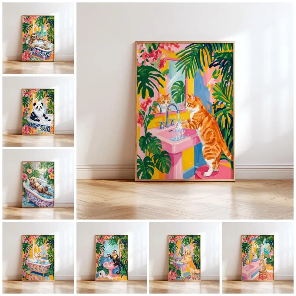1pc frameless Canvas Painting Frameless Funny Monkey,Cat,Dog Animal Toilet Bathroom Poster,Tropical Pink Wall Art,Matisse Style