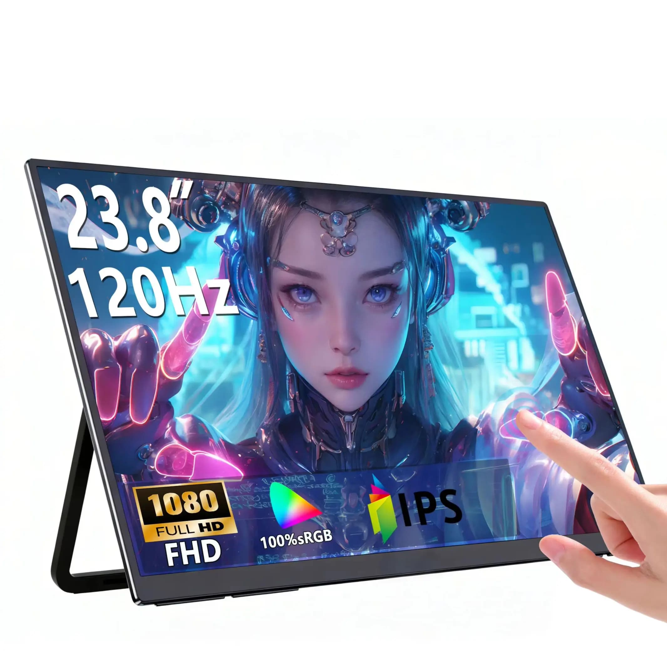 Monitor Portatile da 23,8 Pollici con Supporto, Schermo Touch FHD IPS 120Hz 100% sRGB, Alta Frequenza di Aggiornamento, Altoparlanti Integrati per Laptop