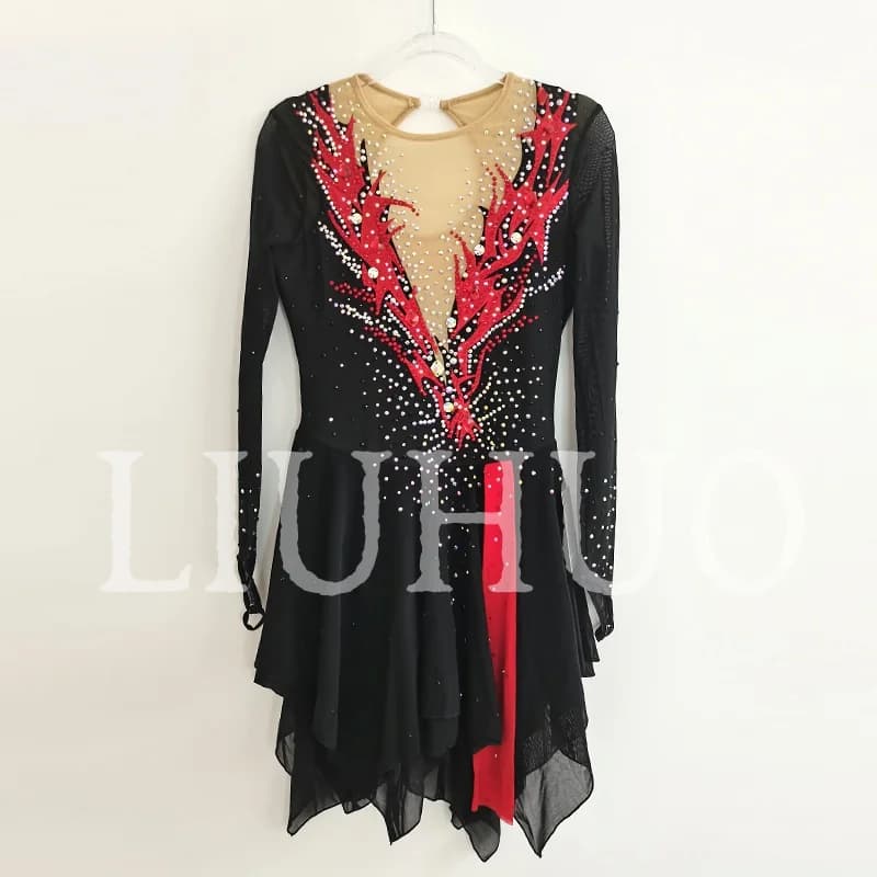 LIUHUO Pattinaggio di Figura sul Ghiaccio Vestito Ragazze Donne Adolescenti Elastico Spandex Nero Concorrenza All'ingrosso BD1947