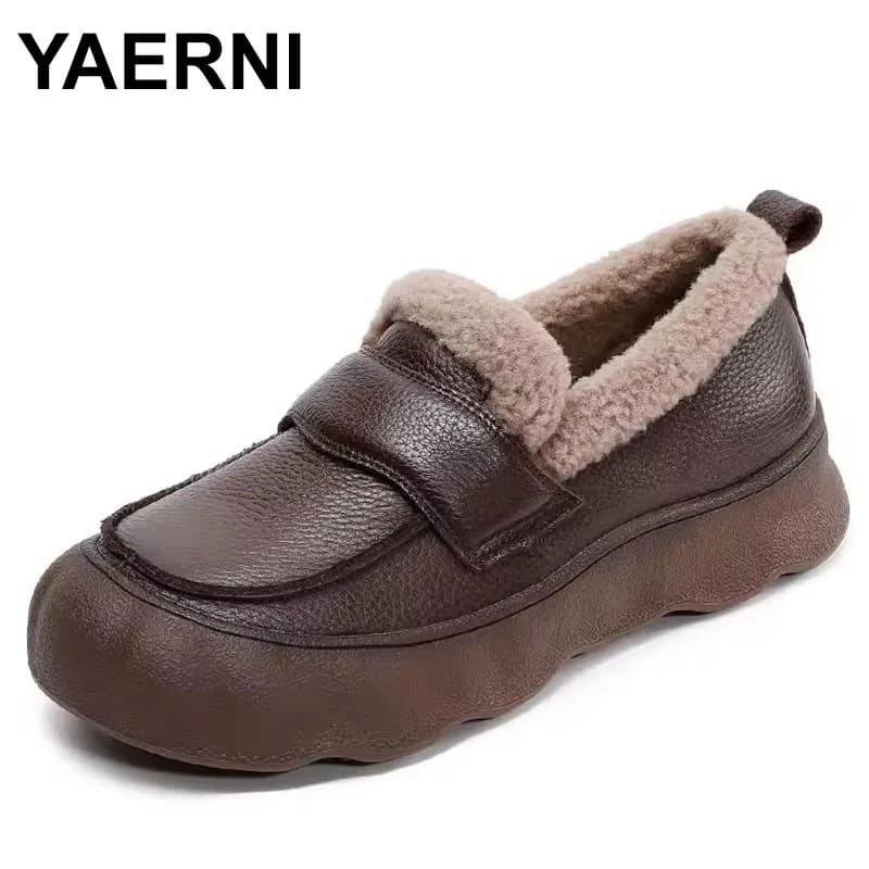 Moda Top Laye Pelle bovina con velluto Appartamenti invernali Scarpe da neve calde Suola piatta spessa Aumenta le scarpe da donna in cotone