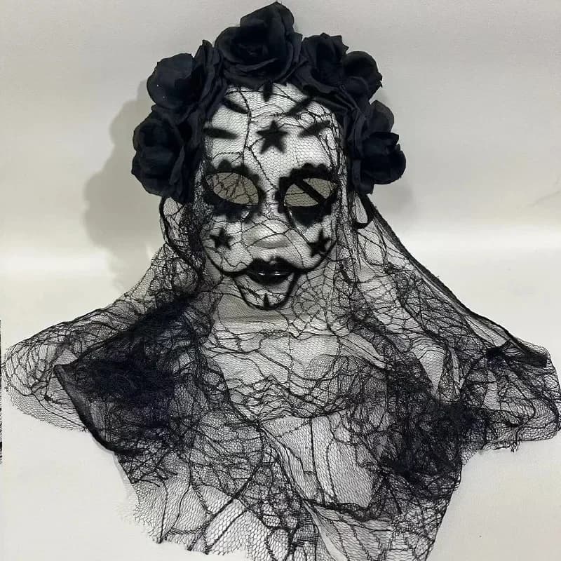 Maschera in Plastica per Cosplay da Sposa Fantasma con Velo in Pizzo Nero, Accessorio per Halloween, Carnevale, Festa dei Morti, Oggetto di Scena per Mascherata