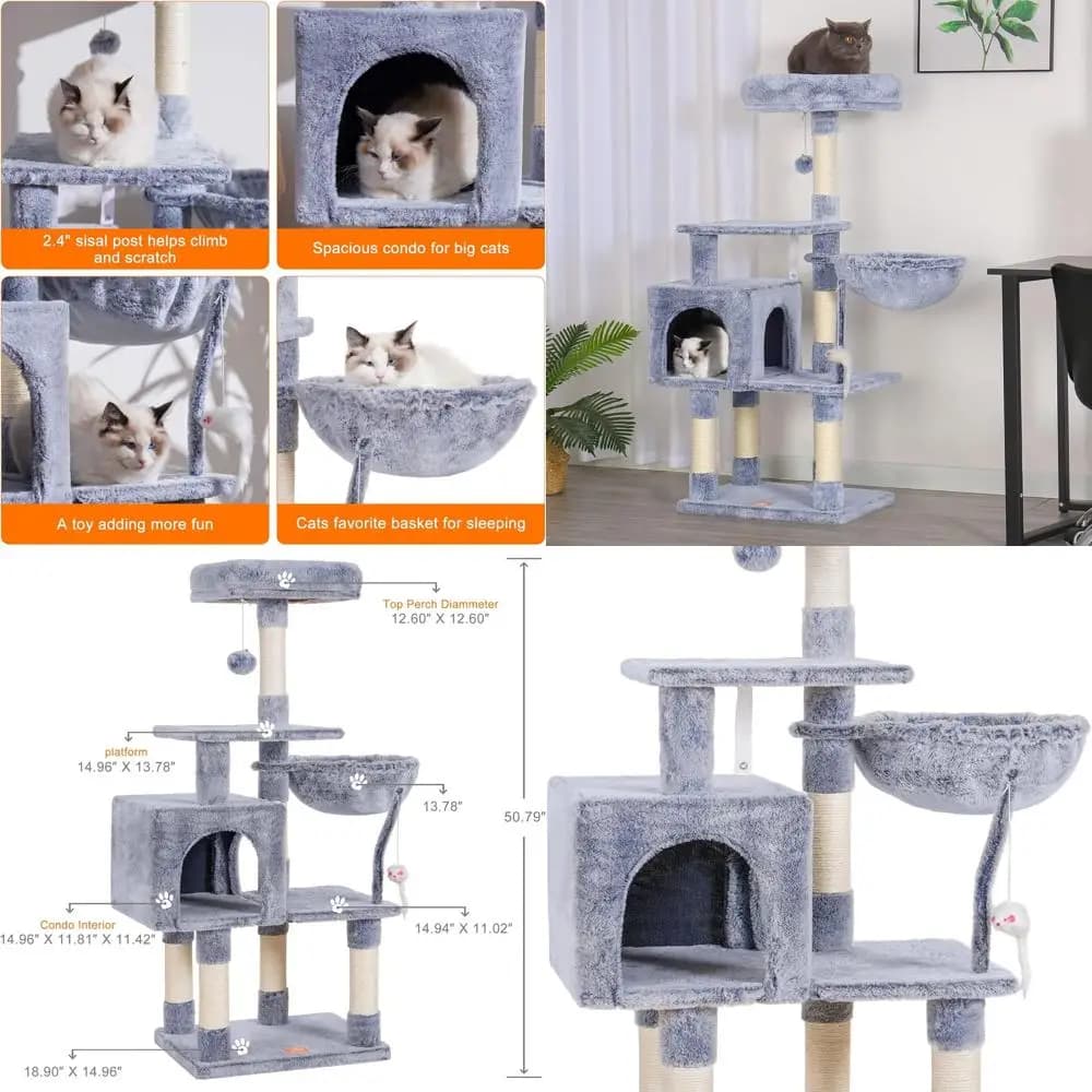 Albero per gatti da interno con amaca, pesce persico e tiragraffi, peluche ed elegante, in peltro HCT004PE