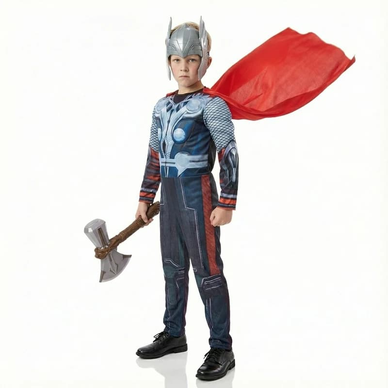 Superhero costume Thor for children with Mantle, Mask and Jumpsuit for Halloween, Mask parties, Boys and Girls' disguises with Plastic hammer