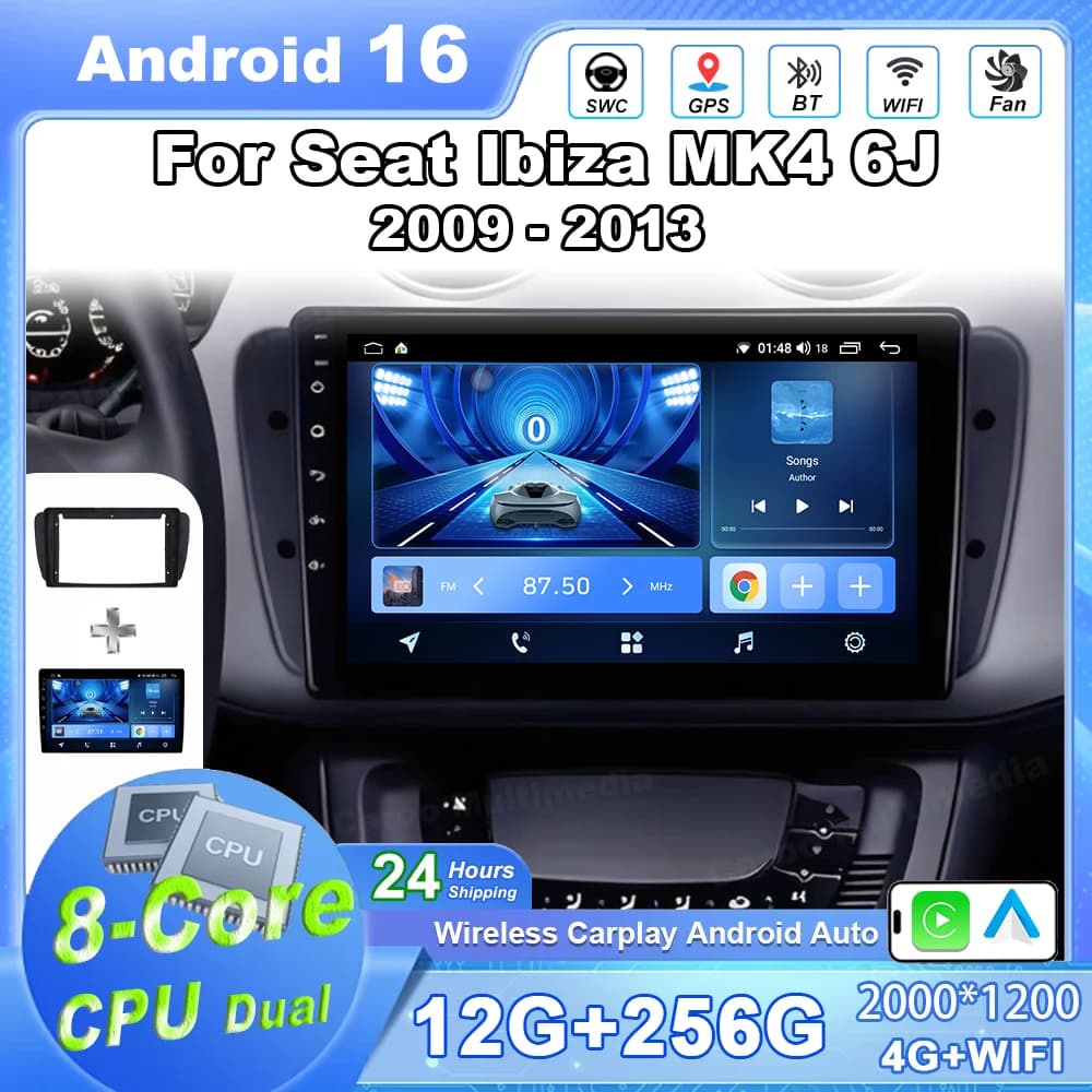 Android 16 Car Radio Stereo For Seat Ibiza MK4 6J 2009 - 2013 Auto Multimedia Player Carplay GPS DVD 4G Head Unit Bluetooth WIFI
