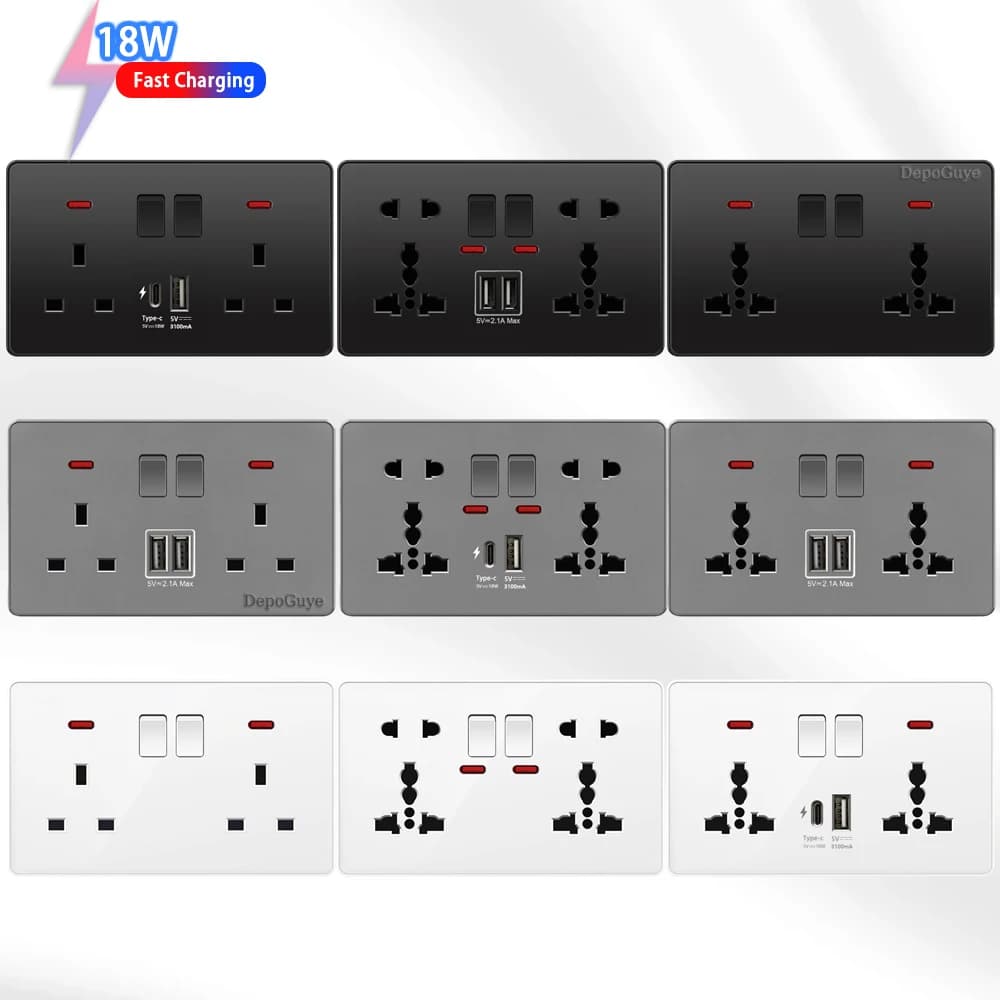 18 W Type C Plug Universal 5-pin power socket, UK 13A standard wall socket with type C DC 5 V 3.1 A USB charger