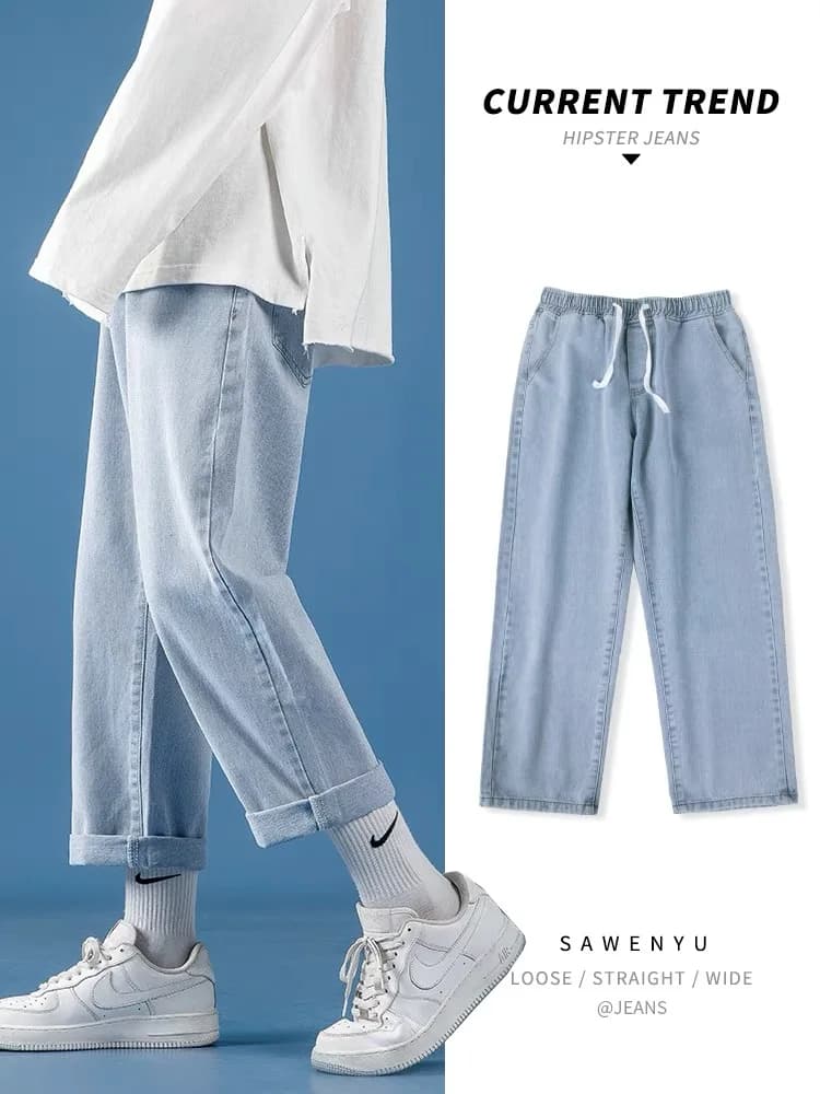 Jeans a Vita Alta con Elastico in Vita e Gamba Dritta per Donna, Moda Studentesca, Pantaloni Lunghi Snellenti, Universali per Primavera, Autunno e Inverno