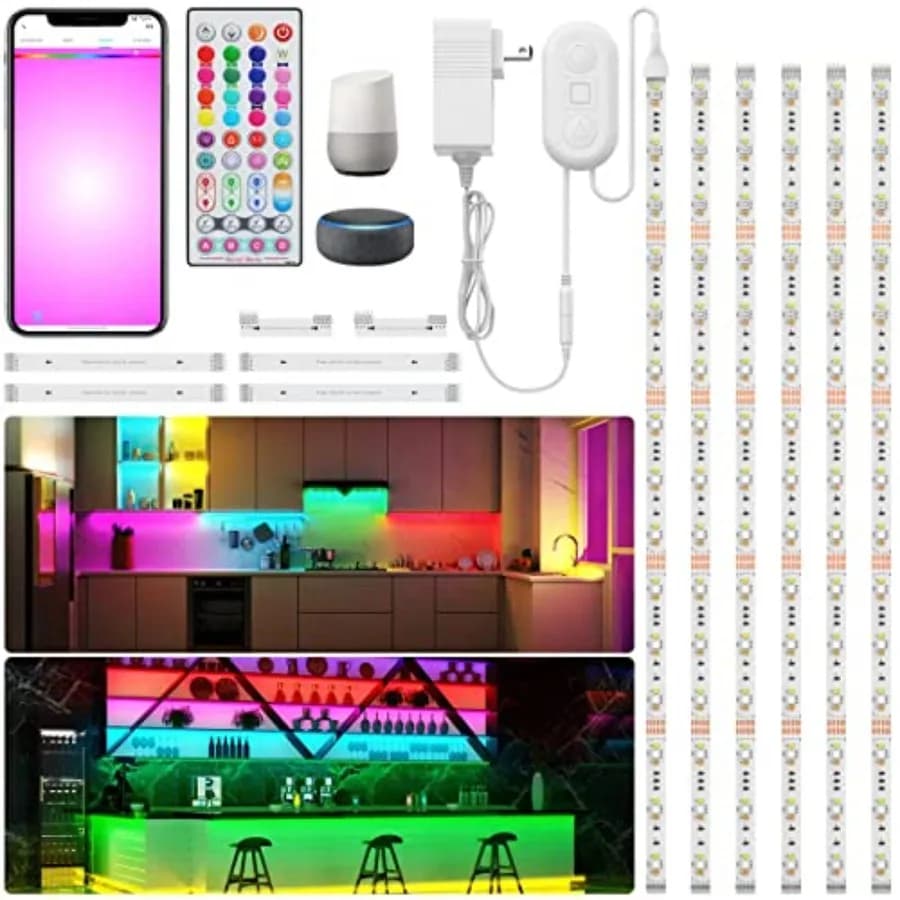 Kit di 6 Luci LED Sottopensile Wi-Fi Compatibili con Alexa e Google Assistant, App e Telecomando IR, Sincronizzazione Musicale, Cambio Colore