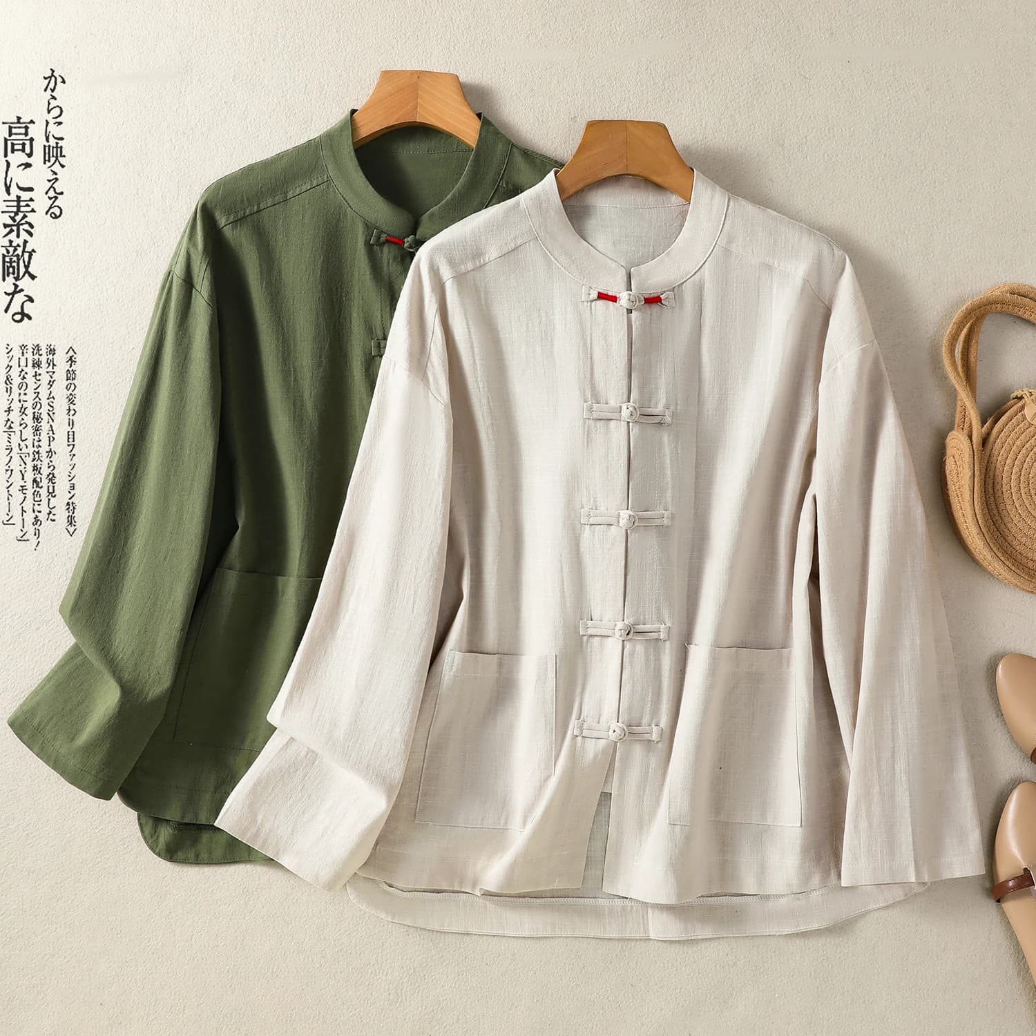 Casual Loose round Neck Tea Costume with Pocket Button Pure Color Retro Zen Style Spring New Chinese Fashion Women's Jacket
