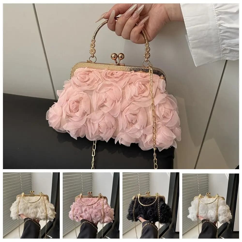 Luxury Polyester Fiber Evening Bags Chiffon Chain Shoulder Bag 3D Flower Clutch Handbag Women
