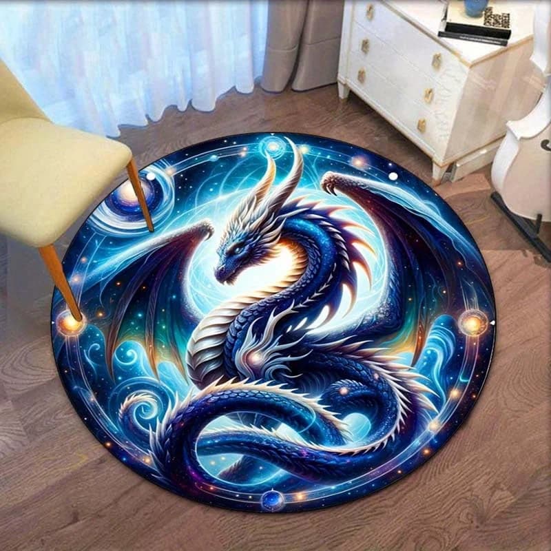 Blue dragon galaxy cosmic round rug fantasy mythical creature crystal velvet carpet for bedroom living room gaming room decor