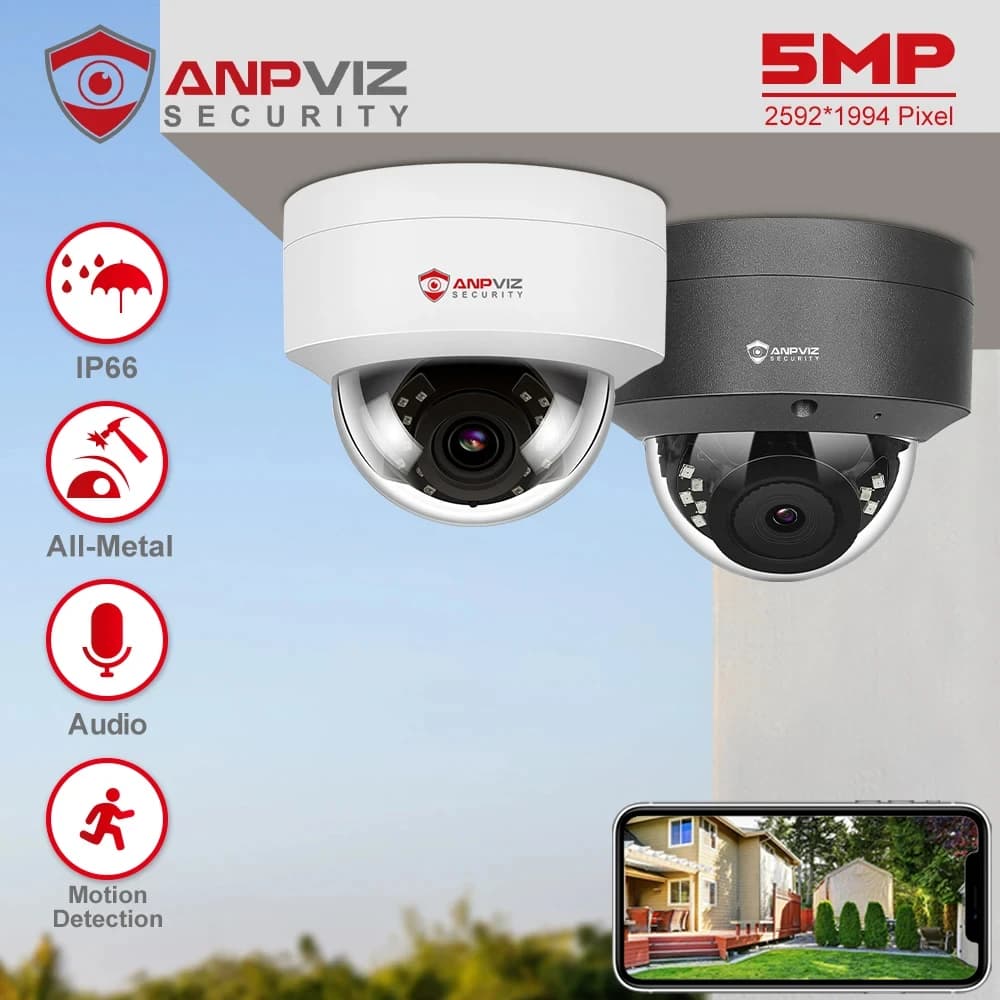 Anpviz Telecamera IP Dome POE da 5MP per esterni, protezione di sicurezza, microfono integrato, IP66, IR 30m, telecamera CCTV, H.265, VideoLink APP