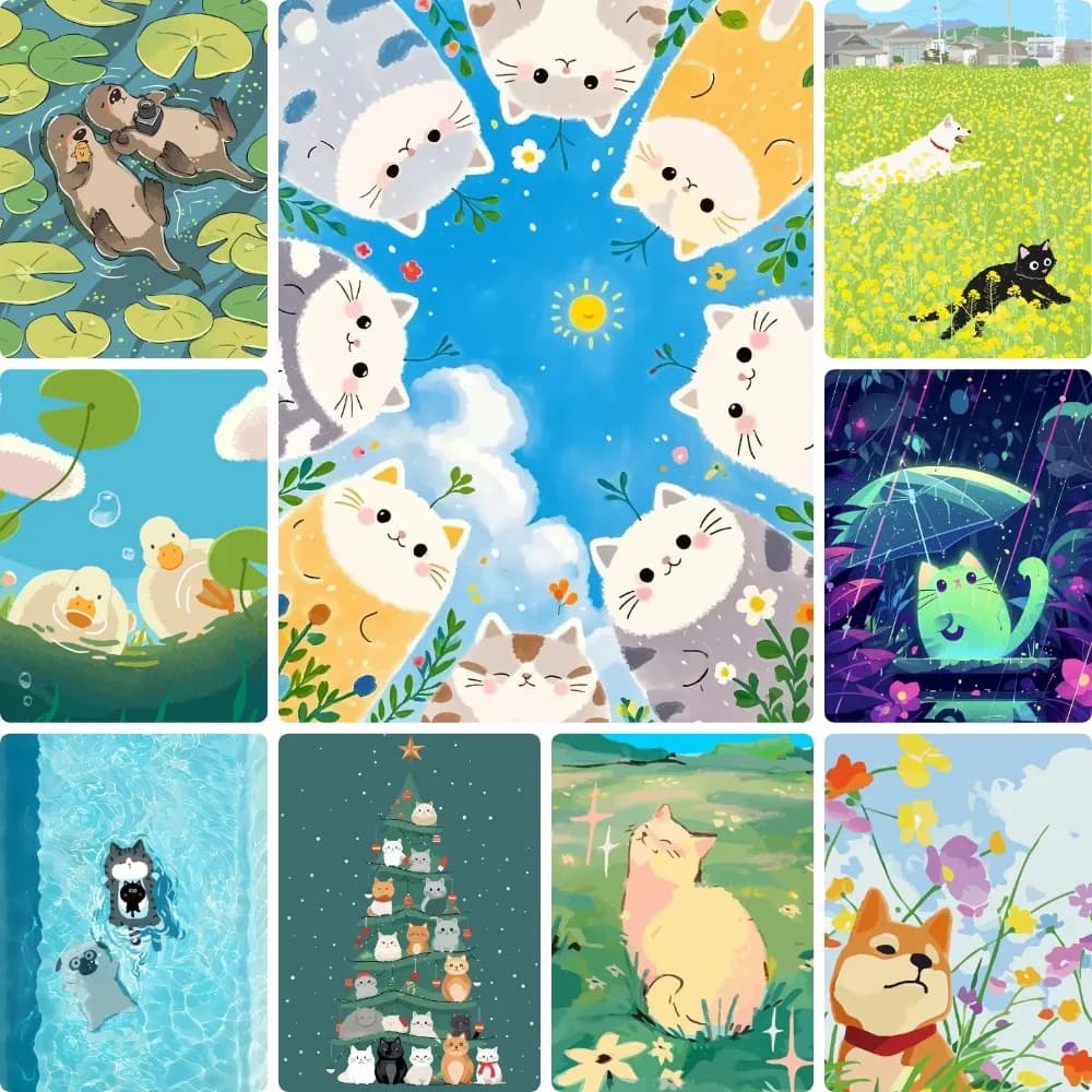5D DIY Cute Cartoon Pet Cat Otter Duck Corgi Floral Scenery Diamond Painting, Living Room Bedroom Wall Decor