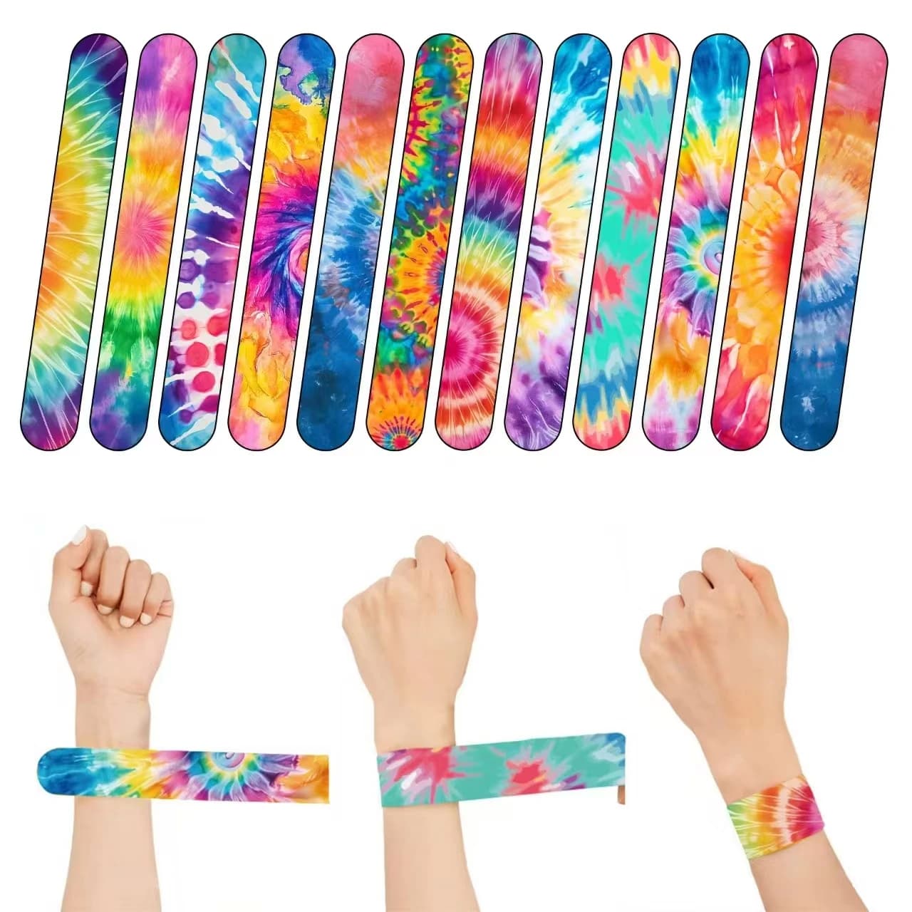 24PCS Slap Bracelets for Kids Party Favors, Bulk Silicone Snap Bracelets for Boys and Girls Colorful tie-dyeing Patterns Prizes