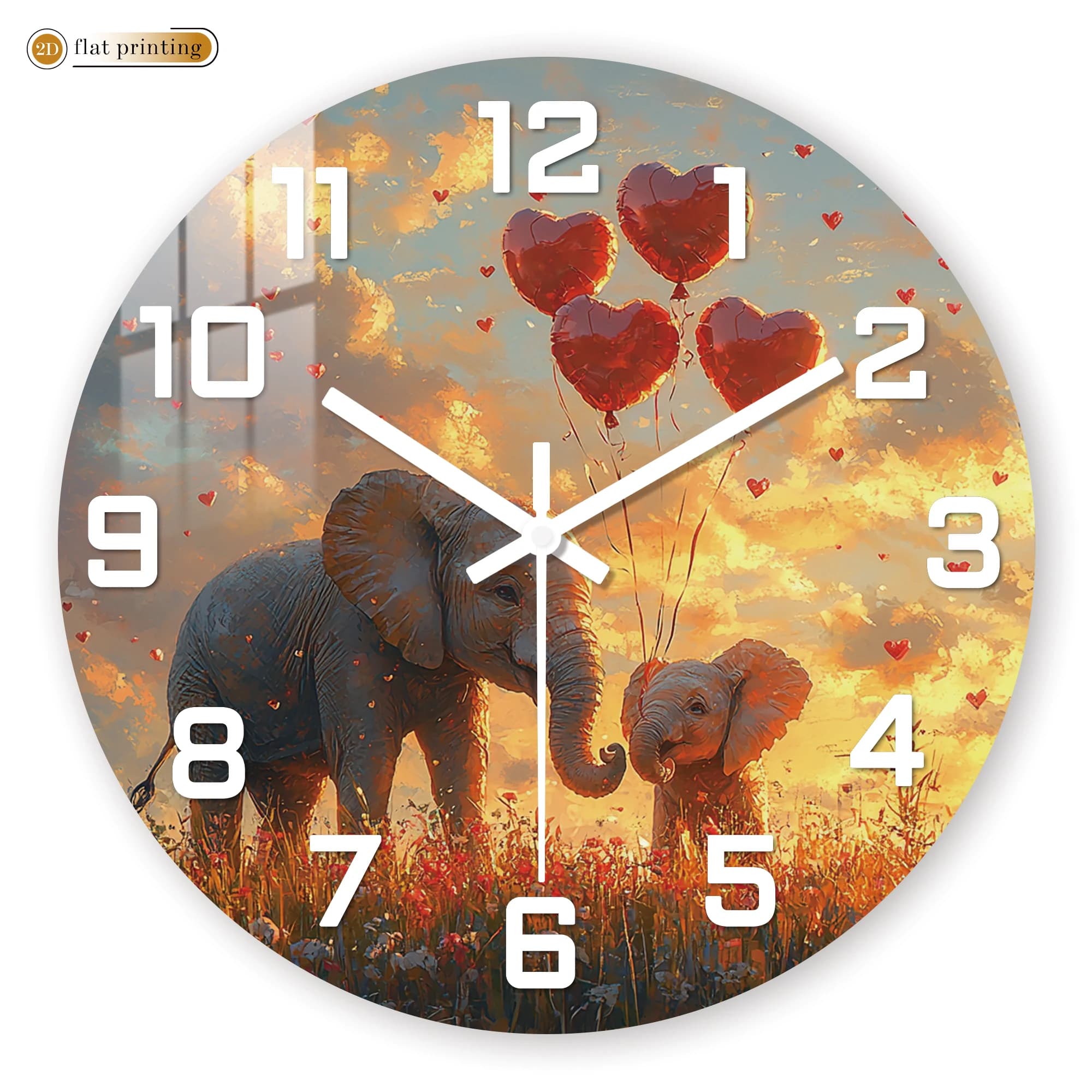 Wall clock for family of elephants filled with hearts, love theme with 2D flat print, warm and joyful decorative art watch