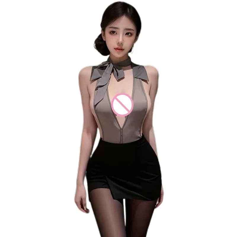 Sexy Tight Wrap Hip Skirt Charming Stewardess Uniform Pajamas Hot Perspective Roleplay Secretary Costume Nightclub Queen Dress