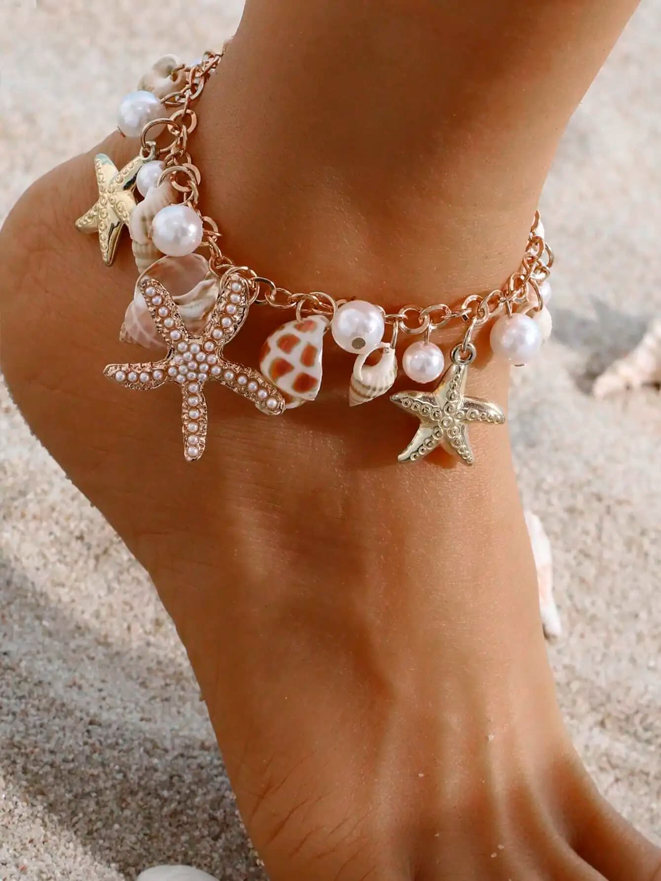 Affascinante cavigliera con conchiglie e perle a forma di stella marina per feste estive in spiaggia, uso quotidiano, regalo, accessorio gioiello