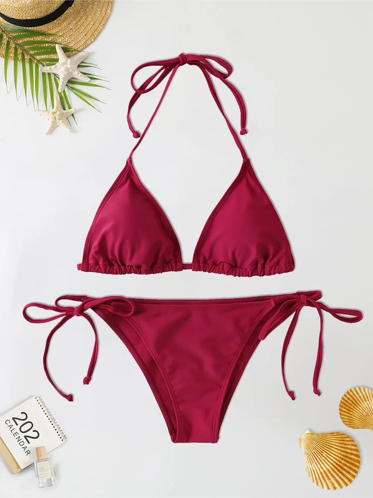 2 pz/set donne perizoma Bikini Set Side Lace-up Sexy costume da bagno fasciatura collo cravatta costumi da bagno regolabile stile brasiliano Bikini intimo