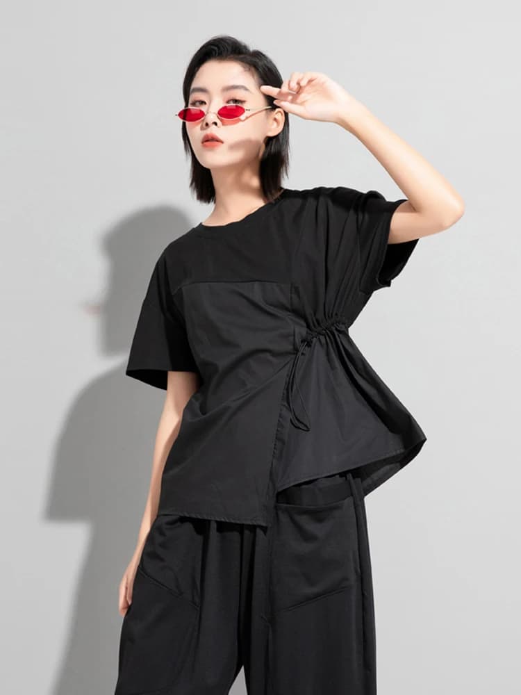 Loose Fit Short Sleeve round Neck T-Shirt Women Summer Thin Casual Oversize Waist Drawstring Asymmetrical Splice Street Style