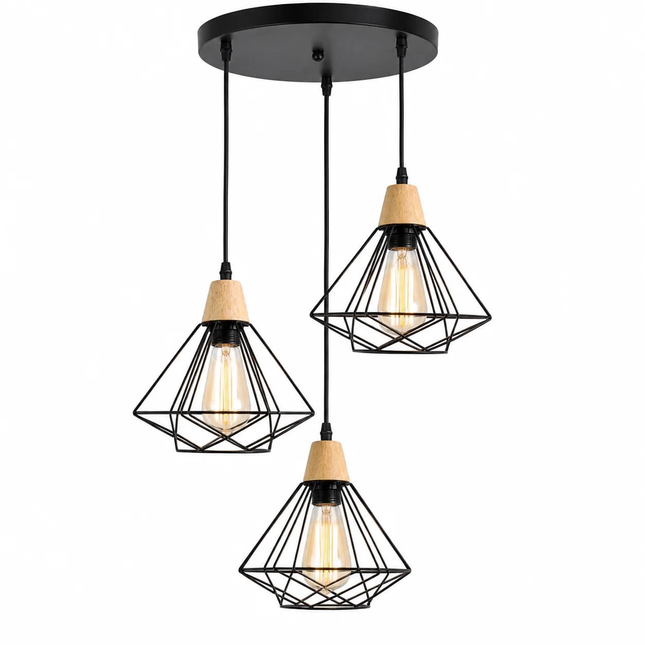 JOYINLED 3 Heads E27 Ceiling Hanging Lighting Living Room Kitchen Restaurant Ceiling Light Vintage Wood Iron Cage Pendant Lamp