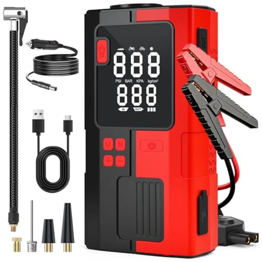 Avviatore di Emergenza per Auto con Compressore d'Aria 6000mAh, Gonfiatore Pneumatici 16.8V, Avviatore Portatile con Luce LED/Torcia per Motori fino a 6.0L