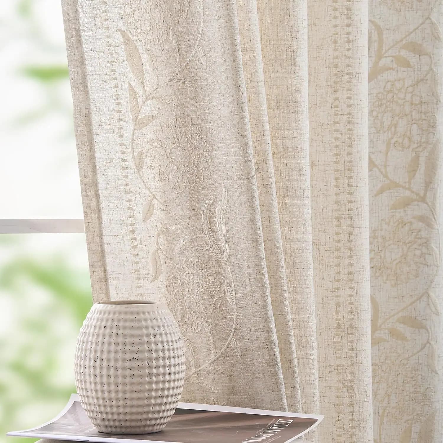 Tende in Lino Lunghe 244 cm per Camera da Letto, Filtranti la Luce, con Ricami Floreali, 2 Pannelli