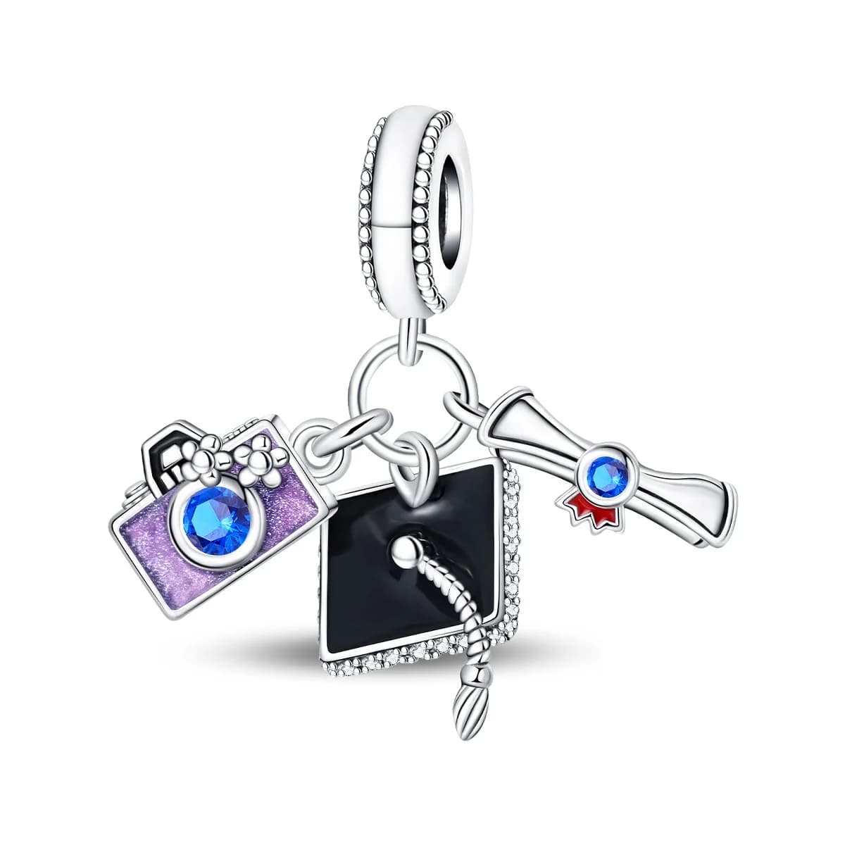 Ciondoli e Perline per Braccialetti a Tema Laurea: Ciondolo a Forma di Cappello, Ciondolo a Forma di Macchina Fotografica, Ciondolo a Forma di Pergamena, in Argento 925, Compatibili con Braccialetti Originali, Gioielli, Regali di Laurea per Donne