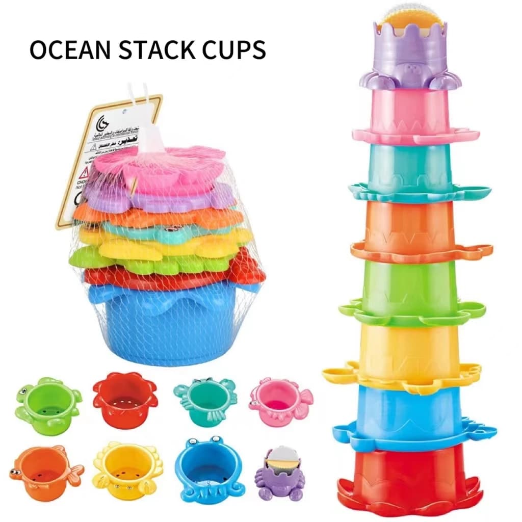 Giocattoli da bagno con tazza impilabile per bambini Torre pieghevole colorata a forma di barca Giocattoli educativi precoci per bambini Piscina Giocattoli da spiaggia Regali