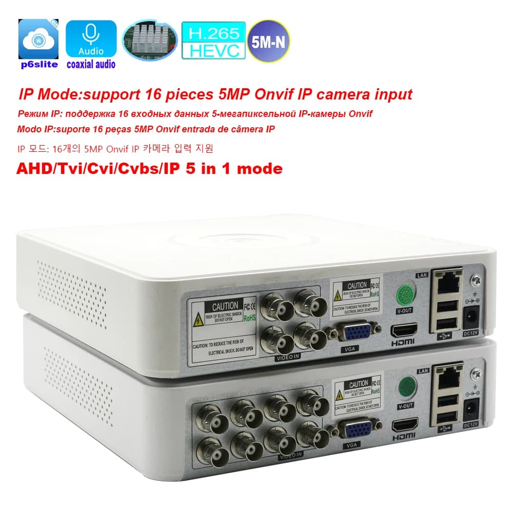 DVR Hybrid CCTV Security 4CH/8 Channels 5M-N Audio on coaxial for 5MP 12.5Fps 1080P 720P TVI CVI CVBS Camera 5MP IP Onvif Cam