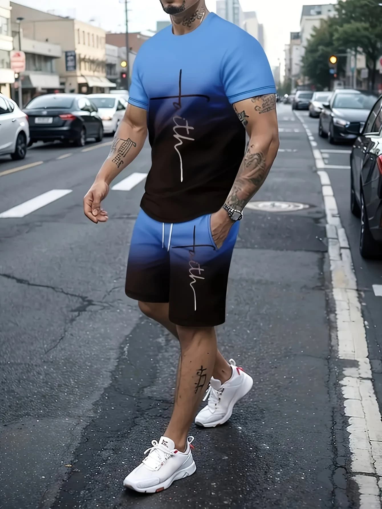 Men 2Pcs Blue Black Gradient Faith Text Print Set, Crew Neck Tee & Drawstring Shorts, Breathable Casual Street Vacation Tracksuit