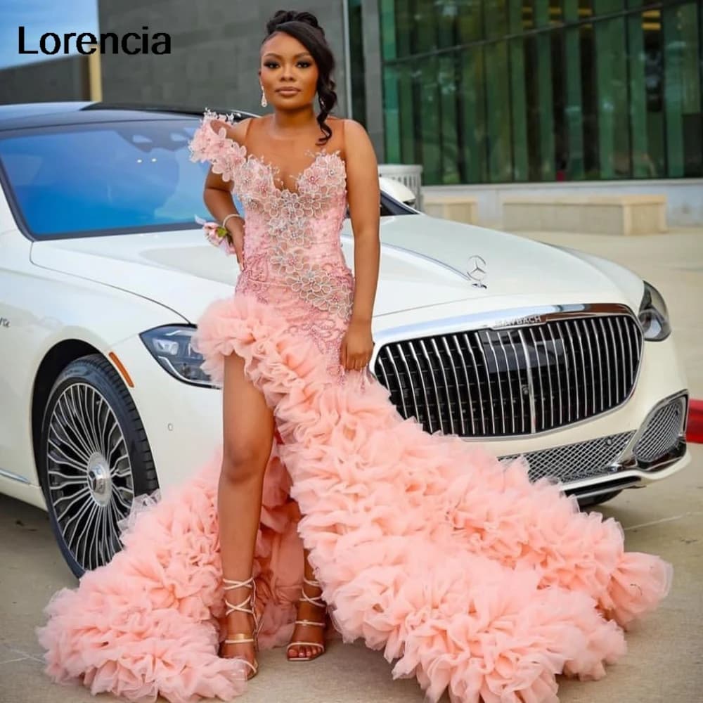 Abito da ballo a sirena rosa scintillante personalizzato con spacco alto per ragazze nere Abito da gala con perline di lusso con volant a strati YPD160