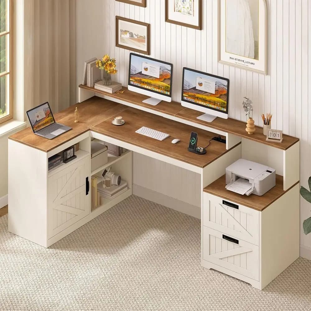 L-Shaped Desk with Drawers, 62.2 Office Desk with Storage and Power Outlet, Computer Desk with Monitor Stand and Printer Shelf,