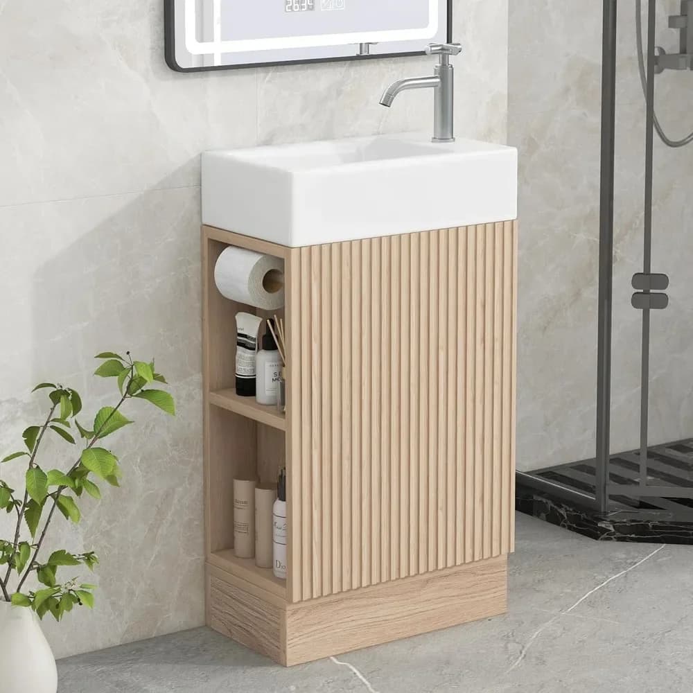 Vanity da bagno singolo nordico postmoderno da 19 pollici piccolo con lavabo, 1 porta, porta carta igienica e ripiani a 2 livelli, legno naturale