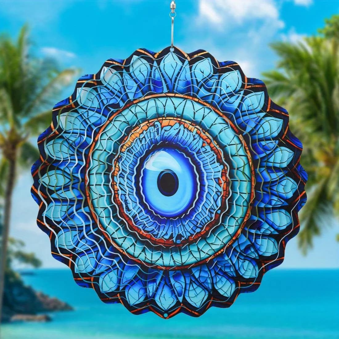 Evil Eye Wind Spinner, Kinetic Metal Wind Chime, Blue Turquoise Stained Glass for Garden Patio Window Decor Outdoor Art Gift