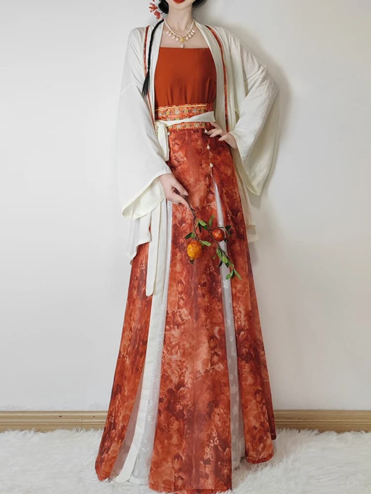Set Primaverile Estivo Tradizionale Cinese Hanfu 【ZhiHua】 Stile Dinastia Song per Uso Quotidiano, Gonna a Tre Pieghe con Colletto