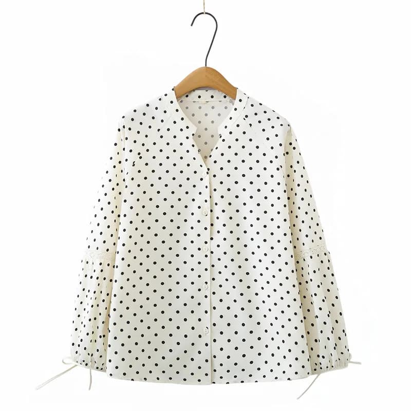 Elegant Women's Shirt Plus Sizes in Pois Sleeve Long Sleeves with V-neck and Laces, Spring Collection 2026 - Top Casual for Women Curvy 780
