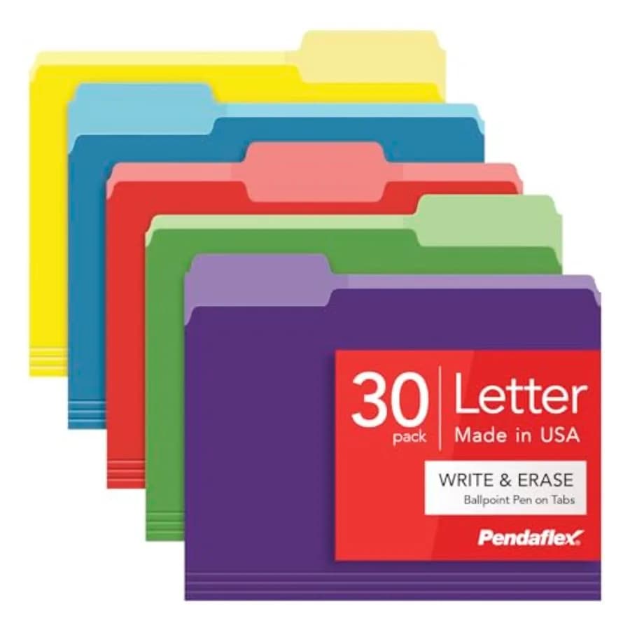 Colored File Folders, 30 Pack, Letter Size 8.5" x 11",Erase Ballpoint Pen from Tabs, 3 Tabs, 5 Colors: Green, Yellow, Red, Blue