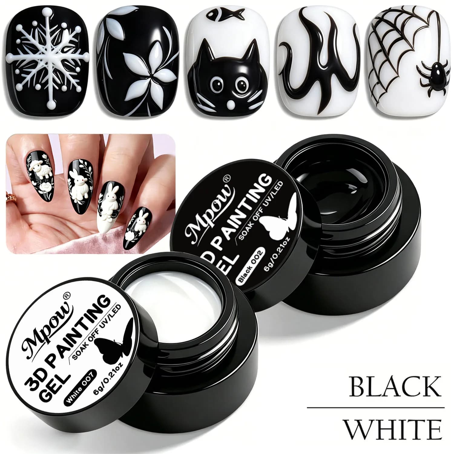 Mpow 1/2pcs Black & White 3D Painting Gel for Nail Art Carving Sculpting for 3D Patterns Soak Off UV LED Semi Permanent
