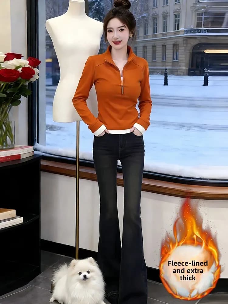 Set di Jeans alla Moda con Colletto Rialzato e Cerniera, Foderato in Pile, da Donna, Invernale, Slim Fit, a Vita Alta, Casual, Due Pezzi