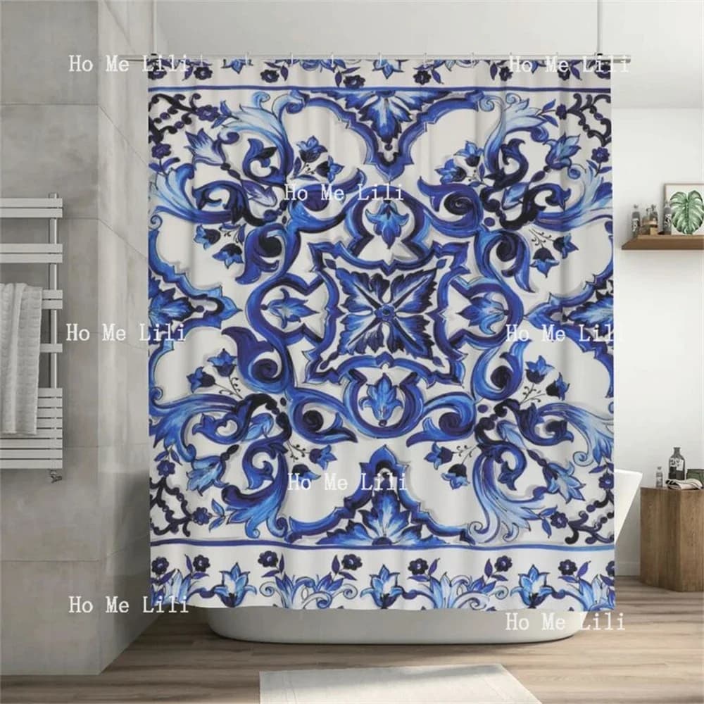 Mediterranean Tiles Navy Blue And White Pattern Fabric Shower Curtain Bathroom Decor