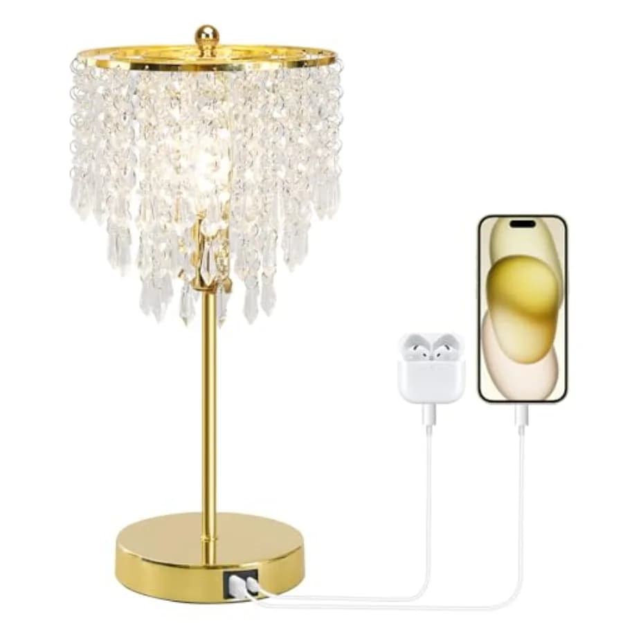 Lampada da Tavolo in Cristallo con Controllo Touch e Porte USB C+A, Lampada Dimmerabile a 3 Livelli, Luce da Comodino con Paralume in Cristallo, Lampada per Ragazze