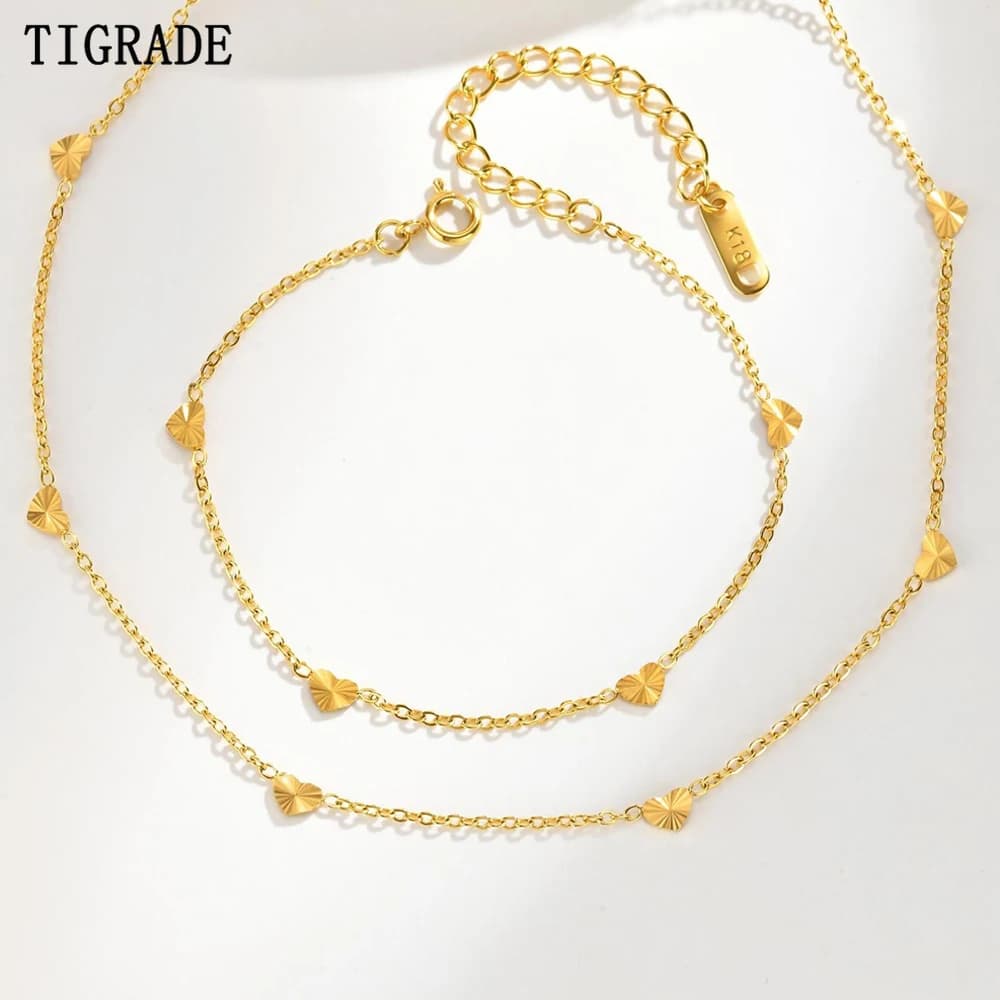 Tigrade Trendy Charms Heart Necklaces For Women Gold Color Chain Choker Necklace Stainless Steel Link Bracelet Party Jewelry Set