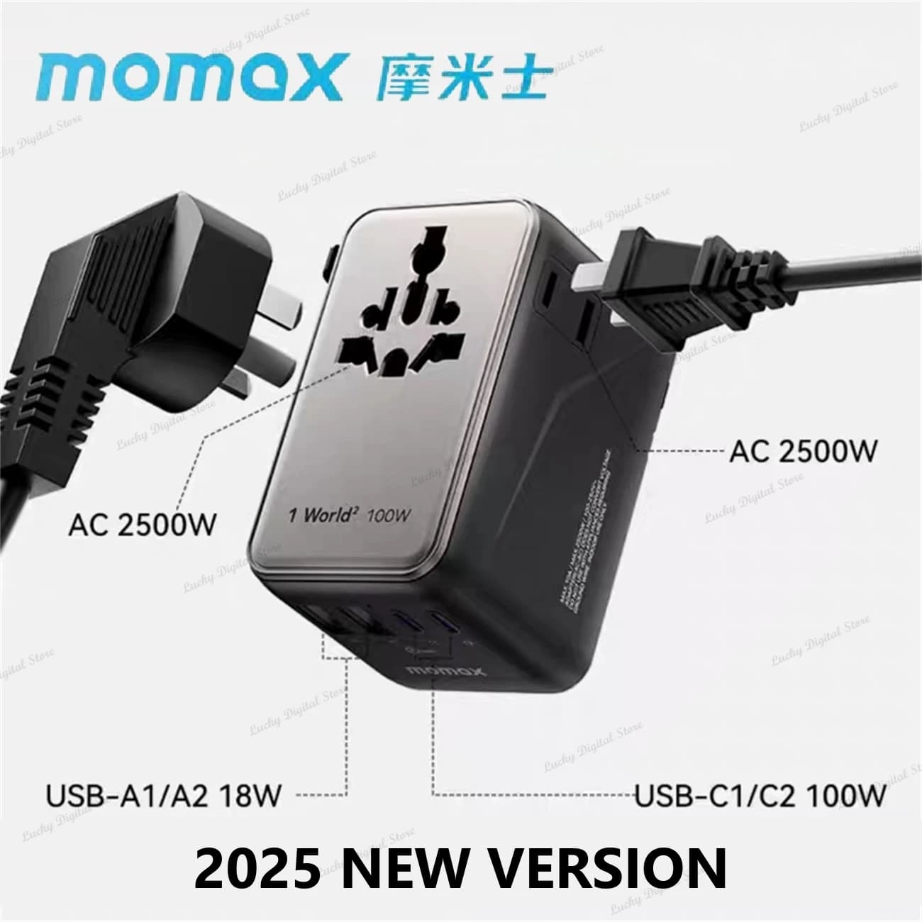 MOMAX Versione aggiornata Mini caricabatterie GaN da viaggio universale a 4 porte da 100 W con doppia presa da viaggio CA Adattatore US UK EU AU per laptop