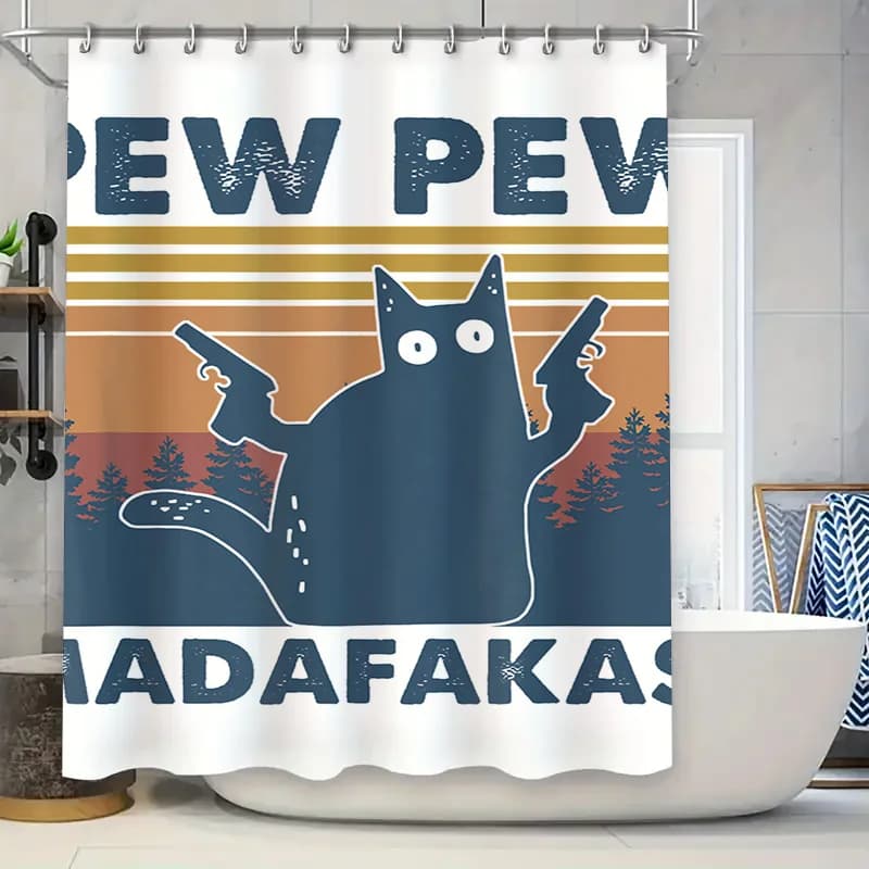 Cat Pew Pew Tenda da doccia Simpatico gatto Pistola Tappetino da bagno impermeabile portatile Decor per la casa Soggiorno Accessori da bagno