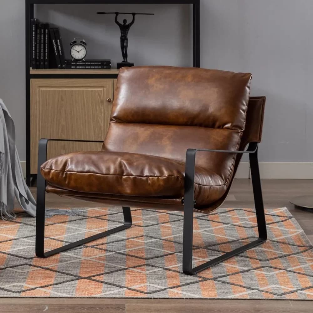 Modern PU leather armchair with 2 soft upholstered seating chairs with black metal legs and removable thick cushions