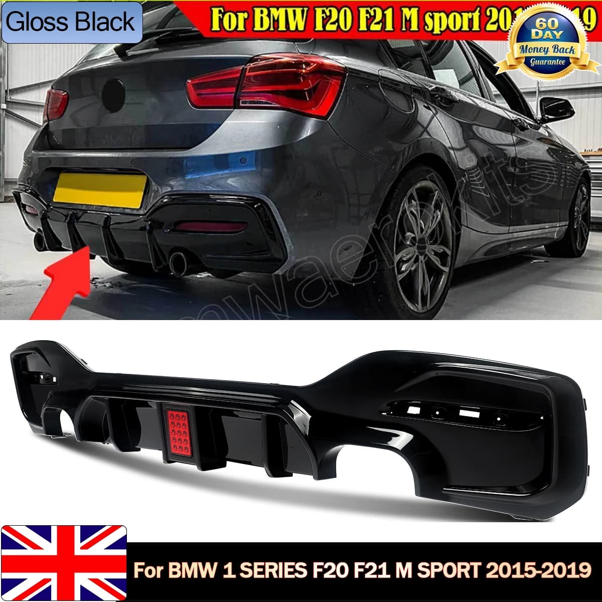 Diffusore posteriore con luci a LED compatibile con BMW serie 1 M Sport F20 F21 M135i M140i Kit corpo mantovana paraurti posteriore nero lucido